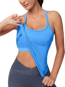 Workout Tops Women With Built In Bra, Sleeveless Gym Tops Seamless Racerback Athletic Yoga Shirts, Activewear - 藍色02 - 查看 1
