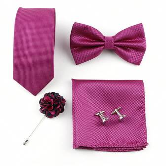 ZONFAZ 5 件男士商务时尚格子领带、领结、口袋巾、袖扣和翻领别针西装配饰套装，适合婚礼和日常穿着