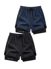 2pcs Double Layer Athletic Shorts, Loose Outer Layer And Skin-Tight Inner Lining, Breathable And Quick-Dry, Suitable For Running, Workout And Casual Wear - Multicolor - View 3