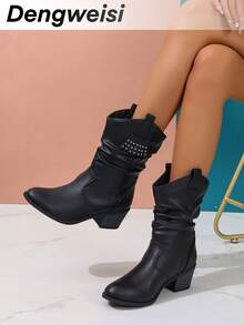 Black Fringe Rivets Pleated Round Toe Mid-Heel Casual Versatile Riding Boots, Commuter Style For Autumn/Winter - Black - View 3