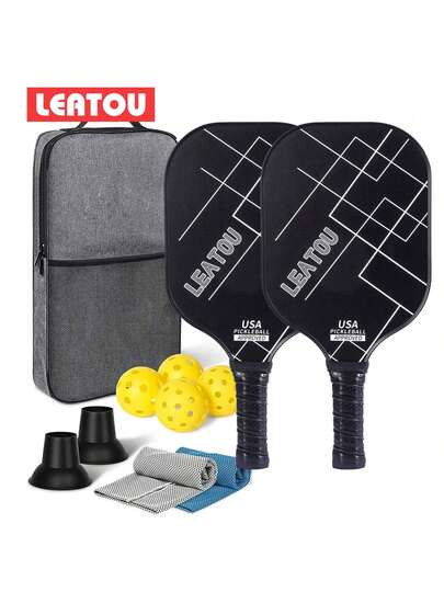 2025 新款 LEATOU 碳纤维匹克球拍套装，经 USAPA 认证，2 个球拍 4 个球，成人运动匹克球拍套装