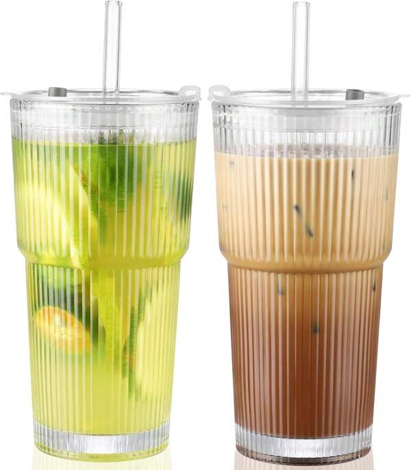 2-Stücke, 20 Unzen/600 Milliliter, mit Deckel und Stroh, Vintage gestreifte Glaswaren, dicke wiederverwendbare Glasbecher für Saft, Eistee, Wasser, Mason Glas Trinkbecher, Tassen, Eiskaffeebecher