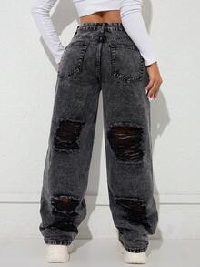Spring And Summer Casual Distressed Straight Leg Cowgirl Jeans - Black - View 3
