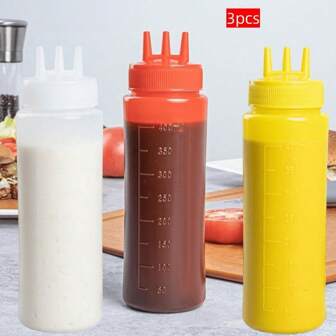 3pcs Kitchen Salad Squeeze Sauce Bottle, Honey Oyster Sauce Seasoning Bottle, Condensed Milk Squeeze Bottle, Three-Hole Seasoning Bottle, With Scale, Transparent Visual Control Leak-Proof Squeeze Sauce Bottle Festival Party Supplies