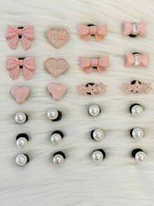 Accesorios de decoración de zapatos DIY de la serie "Original Dopamine Pink Pearl Bow" con corazón y pentagrama de diamante, perlas 3D y hebilla de zapato desmontable, 24 piezas / set, de moda recién llegado