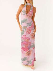 Women Sexy Halter Long Dress With Scarf Y2k Floral Deep V Neck Open Back Formal Cocktail Maxi Dresses - Màu tím hoa cà - Xem 1