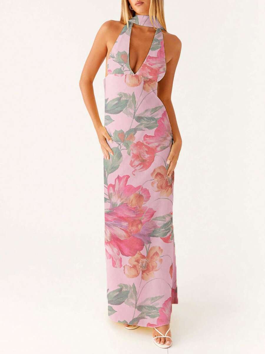 Women Sexy Halter Long Dress With Scarf Y2k Floral Deep V Neck Open Back Formal Cocktail Maxi Dresses - Màu tím hoa cà - Xem 1