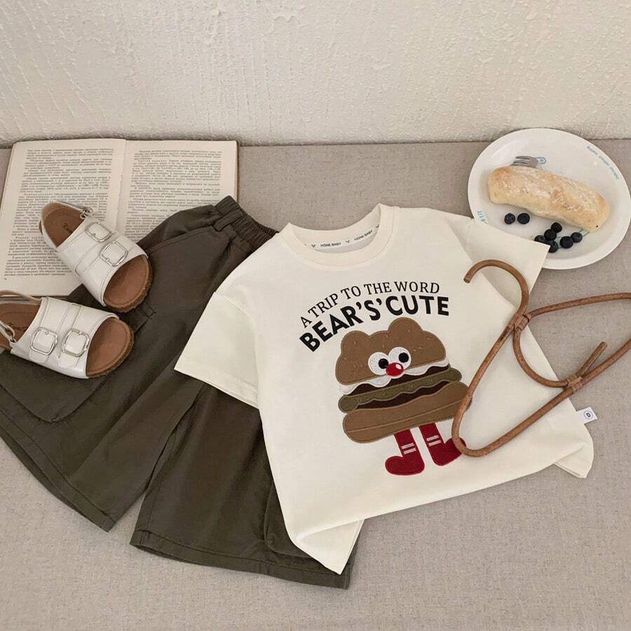 男童短袖T恤，夏季新款儿童刺绣汉堡休闲时尚别致上衣 - 米色 - 查看 1