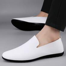 Men's White Slip-On Casual Leather Loafers, Wedding/Arab Robe Shoes, Groom/Groomsman Shoes, Vacation Soft Lightweight Moccasins, Daily Minimalist Comfortable Classic White Leather Shoes, Versatile Slip-On Business Office Dress Shoes, Durable Driving Shoes