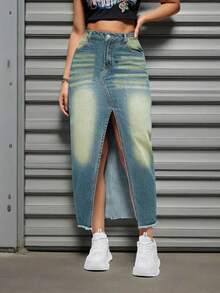 Women's Stretch Denim Long Skirt, Center Slit | Sexy Slim Button Zipper Closure, Side Pockets For Street Wear, Elegant Split Stretch Skirt, Suitable For Daily Fashion And Urban Wear - Rửa trung bình - Xem 1
