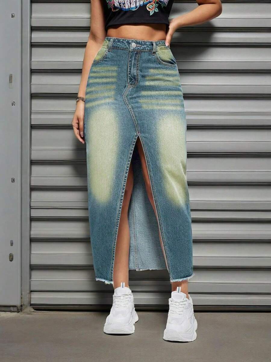 Women's Stretch Denim Long Skirt, Center Slit | Sexy Slim Button Zipper Closure, Side Pockets For Street Wear, Elegant Split Stretch Skirt, Suitable For Daily Fashion And Urban Wear - Rửa trung bình - Xem 1