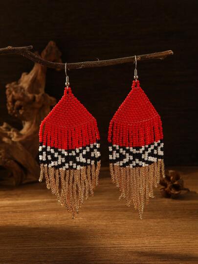 1 Pair Handcrafted Beaded Earrings, Bohemian Style Earrings With Vintage Contrast Polka Dot Tassel Pendants, 1 Black Pair & 1 Red Pair, Fashion Accessories For Women, Versatile For Daily Wear, Holidays, Thanksgiving, Valentine's Day, Mother's Day, Friendship Gift