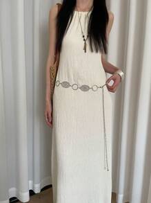 1pc Women Vintage Boho Style Zinc Alloy Hollow Simulated Feather Circular Buckle Belt Decorationsummer