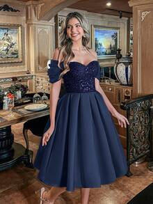 Faeriesty Elegant Off-Shoulder Sequined A-Line Dress - Flattering Silhouette For Weddings, Garden Parties, Proms & Evening Events - Navy Blue - View 2