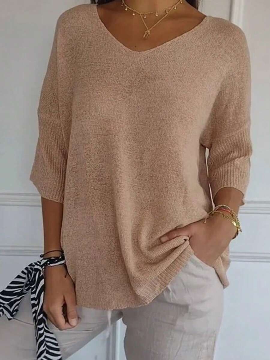Plus Size Plain V-Neck Casual Loose Fit Knit Pullover Sweater - Khaki - View 1