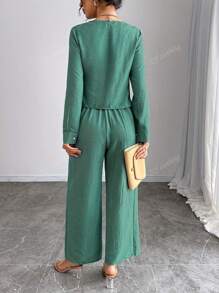 Women's Casual Elegant Set, Round Neck Long Sleeve Top And Pants 2 Pieces Set