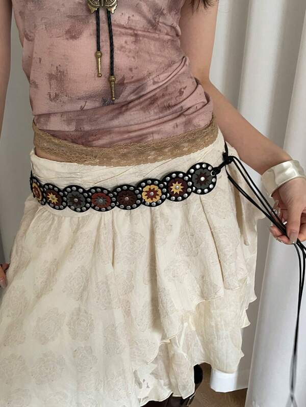 1pc Women's Multi-Color PU Leather Vintage Bohemian Style Circle Colored Rivet Decor Waist Strap