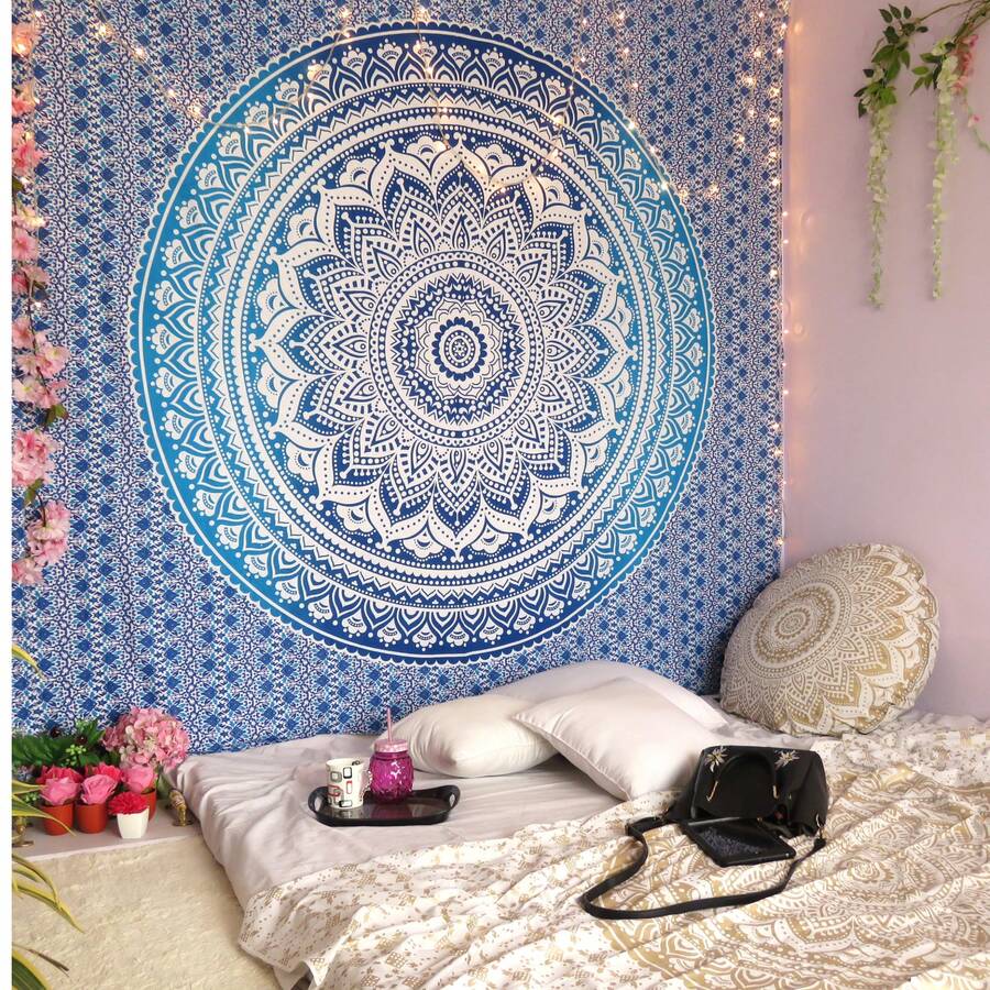 Tapiz moderno bohemio hippie boho con mandala para decoración del hogar y dormitorio, tamaño queen - Celeste - Ver 1