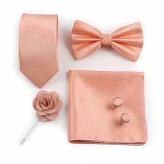 5 件男士商务正式格子领带、领结、口袋巾、袖扣和胸针配饰套装，适合婚礼、派对和日常穿着