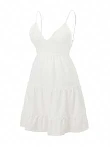 Women Summer Stylish Mini Cami Dress Sleeveless Open Back V Neck Tiered Lace Spaghetti Strap Dress For Party Vacation - 白色 - 查看 6