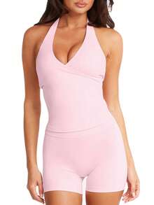 Women Workout Tank Tops Vest Sleeveless Backless Solid Colour Slim Fit Summer Halter Neck Crop Tops For Yoga Running Fitness - Pink - View 1