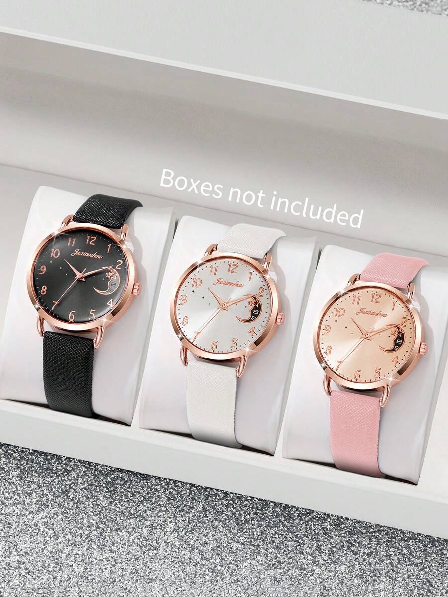 3 件套女士时尚休闲月亮和星星数字表盘石英腕表套装，不含表盒