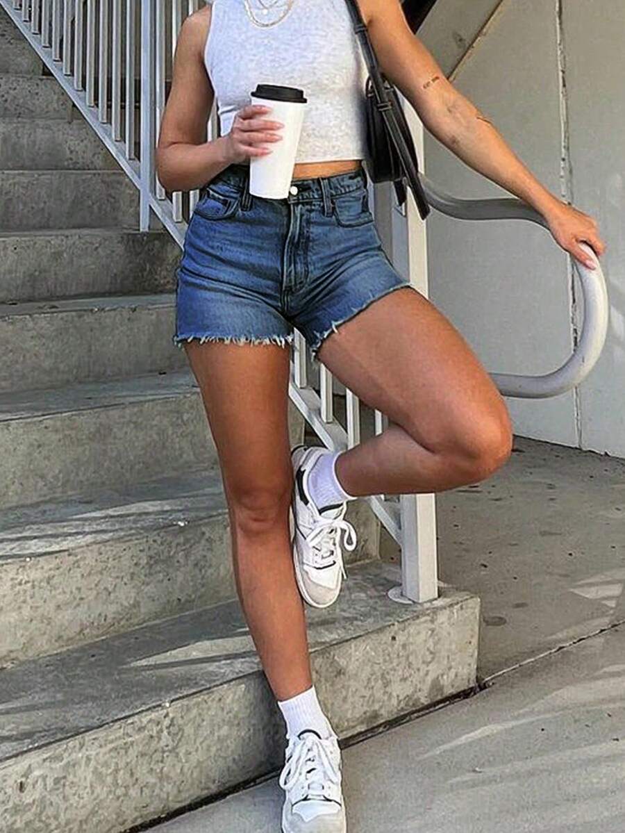 Women Loose Straight-Leg Bermuda Denim Shorts - Dark Wash - View 1