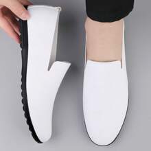 Men's White Slip-On Casual Leather Loafers, Wedding/Arab Robe Shoes, Groom/Groomsman Shoes, Vacation Soft Lightweight Moccasins, Daily Minimalist Comfortable Classic White Leather Shoes, Versatile Slip-On Business Office Dress Shoes, Durable Driving Shoes