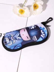 1pc Kawaii Japanese Puppet Doll Print Rubber Eyeglass Case With Keychain Durable Zippered Pouch For Men & Women Fits Various Eyeglass Styles Eywear Accessory