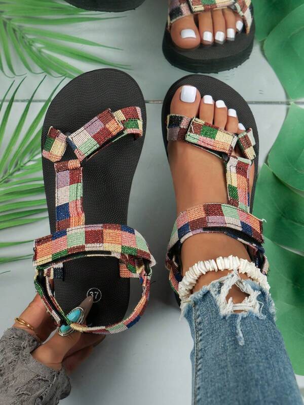 Sandalias planas con estampado a la moda para mujer, nuevas sandalias deportivas de verano con plataforma, cierre de gancho y bucle, punta abierta, suela blanda y cómoda, transpirable para uso en la playa