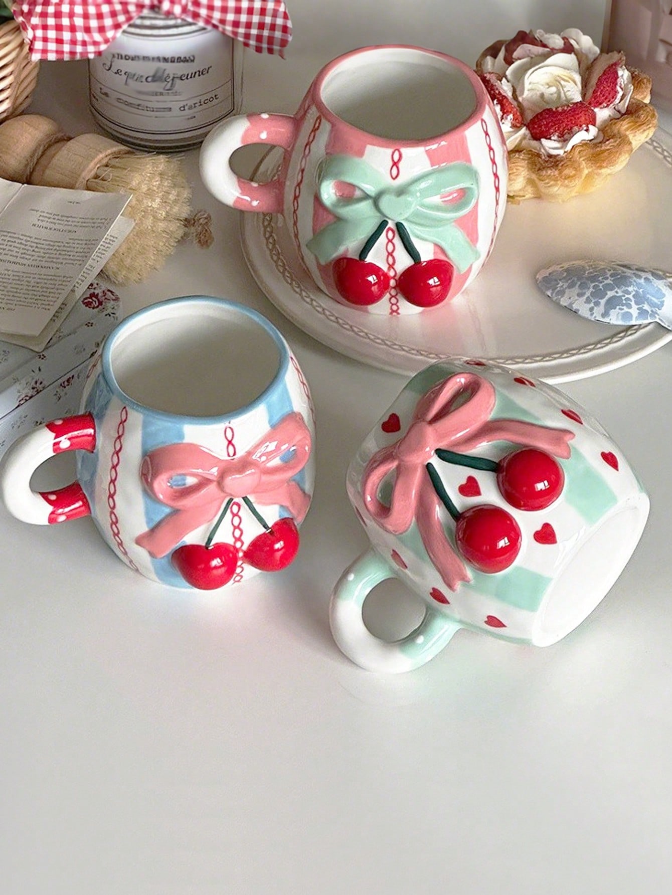 كوب سيراميك محلى بعقدة فراشة وزخرفة الكرز، كوب فتي...