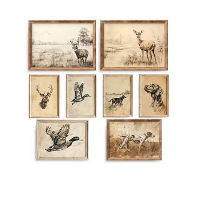 1/8pcs Rustic Vintage Animal Sketch Wall Art Picture Deer Duck Dog Prints Canvas Painting Cabin Artwork Poster Hunting Decor For Nursery Room, Playroom, Or Boys Room Decor Gift For Her Unframed