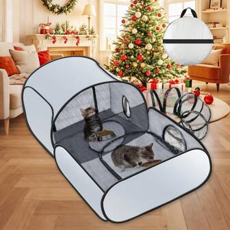 3-In-1 Dog Fence Design With Tunnel, Outdoor/Indoor Cat Fence With Breathable Soft Sides, Small Animal Cat Tent Playpen, Portable Cat Tent With Carrying Bag (Large)