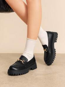 Women Casual Loafers Platform 1.57-Inch Chunky Heels Slip On Comfortable Business Commute Preppy Dress Loafers Shoes - Black/PU - View 3