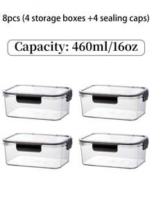 8 pezzi (4 contenitori + 4 coperchi) Contenitori per alimenti trasparenti neri da 460ml/16oz a prova di perdite, scatole porta pranzo in plastica PET, adatte per carne, verdure e insalate di frutta, ideali per ufficio, scuola, conservazione e organizzazione degli alimenti, contenitori per viaggi e cibo da asporto