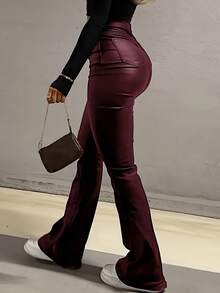 Black High Waist Flared Coated Faux Leather Pants, Slim Fit Flattering, American Beauty Style, Spring Season - Burgundy - View 6