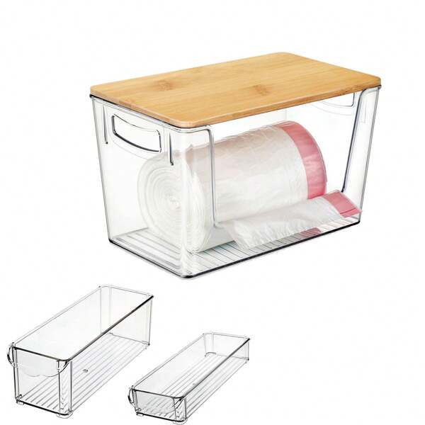 1 Pc Garbage Bag Dispenser With Bamboo Top, Extra Large Trash Bag Holder Dispenser Under Sink For Kitchen, Pantry, Laundry Room, Cabinet Organizer , Storage And Desktop Organiser, Kitchen Storage Utensils, Room Decoration, Suitable For Kitchen, Restaurant, Party, Camping, Gathering, Gift For Friends, Family Gift