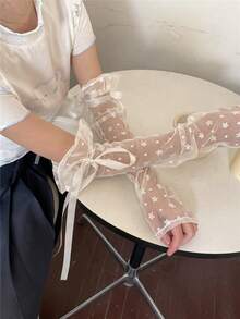 1pc Bowknot Ribbon Lace Sleeve Cuffs, Black & White Sleeve Cuffs Paired With Various Colored Bowknot Ribbons, Floral Embroidered Breathable Mesh Sleeve Cuffs - Multicolor - View 7