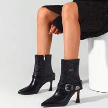 TDD Mid Calf Boots For Women Stiletto Pointed Toe Winter Buckle Extra Wide Calf Botas Para Mujer Dressy Warm Lined Ladies Fashion 3 Inch High Heels