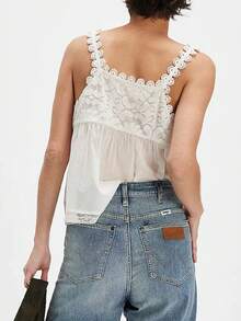 Women Lace Tie Front Tank Top Sleeveless Scoop Neck Lace Trim Sheer Ruffle Crop Vest Tops Summer Y2k Cute Cami Shirt - 白色 - 查看 3