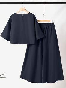 ZANZEA Fashion Women 3/4 Sleeve Tops T Shirt Elastic Waist Wide-Leg Long Pants Solid Palazzo Trousers Summer Casual 2pcs Sets Outfits - 深藍色 - 查看 4