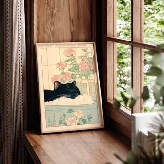 Black Cat In Bathtub Japanese Wall Arts – Relaxing Minimalist Canvas Posters, Aesthetic Bathroom Decor With Pink Roses And Green Leaves, Optional Frame Poster For Home Or Gift, Bathroom Wall Art, 2D Flat, Perfect For Room Decor, Wall Art With Frame