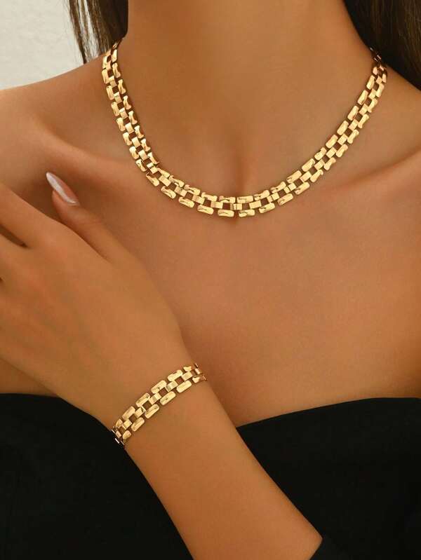 Set de 2 piezas de joyería minimalista elegante con collar + pulsera para mujer, collar de cadena metálica geométrica cuadrada minimalista de moda, para uso diario, streetwear, vacaciones, regalo para amigos, accesorio versátil