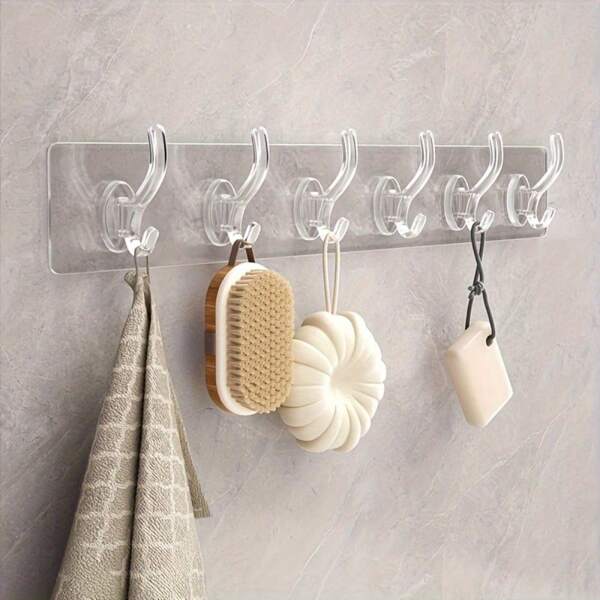 1pc 6-Row Transparent Adhesive Hook Set - Simple Wall Hooks Without Drilling, Suitable For Clothes, Hats, Towels And Accessories - Perfect Space-Saving Storage Solution For Bathroom, Closet And Bedroom