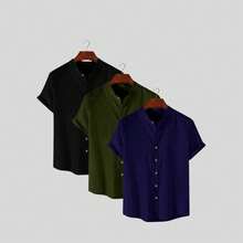 Kit 3 Peças Camisa Masculina Gola Padre Manga Curta Verão - Verde Militar - Visão 2