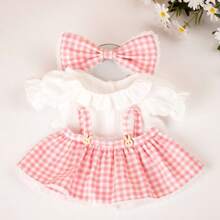 1 Set Nuevo vestido de botones de madera a cuadros/vestido de botones de madera morados/vestido a rayas de botones de madera rosa para ropa de muñeca, incluye 1 pieza de moño, 1 pieza de Top, 1 pieza de falda (muñeca no incluida), adecuado para muñecas de 20cm (7.87in) - 30cm (11.81in), oso de peluche, conejo, ropa linda