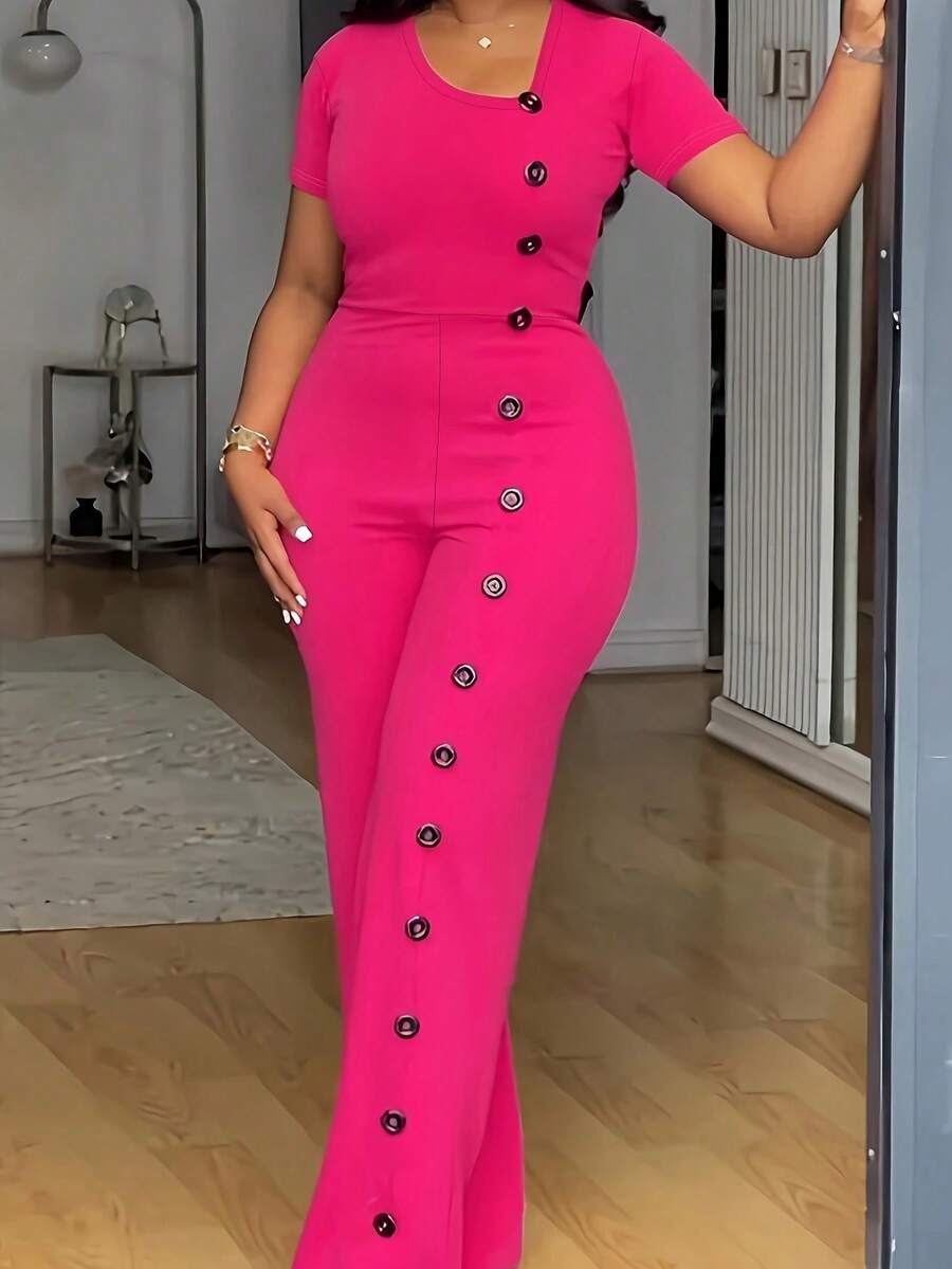 Formal Short Sleeve Button Up Office Women Straight Fit Jumpsuit - 玫紅色 - 查看 1