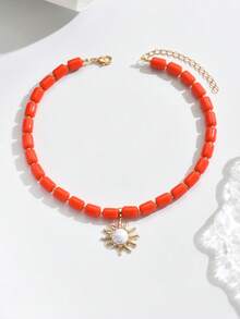 1pc Elegant & Sexy Bohemian Summer Women's Orange Resin Beaded Necklace With Gold Sun, Heart Pendant, Glass Beads, Multi-Style Options, Resin Inlaid, Suitable For Fashion Ladies, Vacation, Party, All Seasons. Please Understand That There May Be Injection Molding Gate Marks At The Bottom Of Each Resin Piece. - Multicolor - View 3