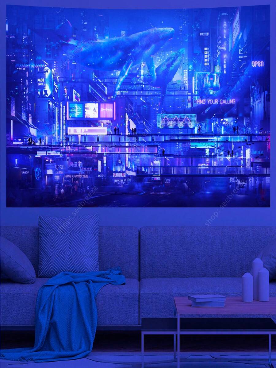 赛博朋克霓虹城市景观紫外线反应挂毯故障代码艺术未来主义城市卧室办公室装饰科技爱好者礼物夜光前卫鲜艳色调 - 彩色 - 查看 1