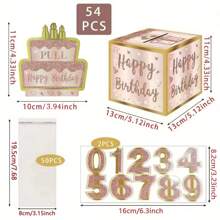 Pink Birthday Theme Cash Box With Number Stickers And 50pcs Clear Bags, Surprise Cash Box, Suitable For Birthday, Halloween, Thanksgiving, Christmas Celebration